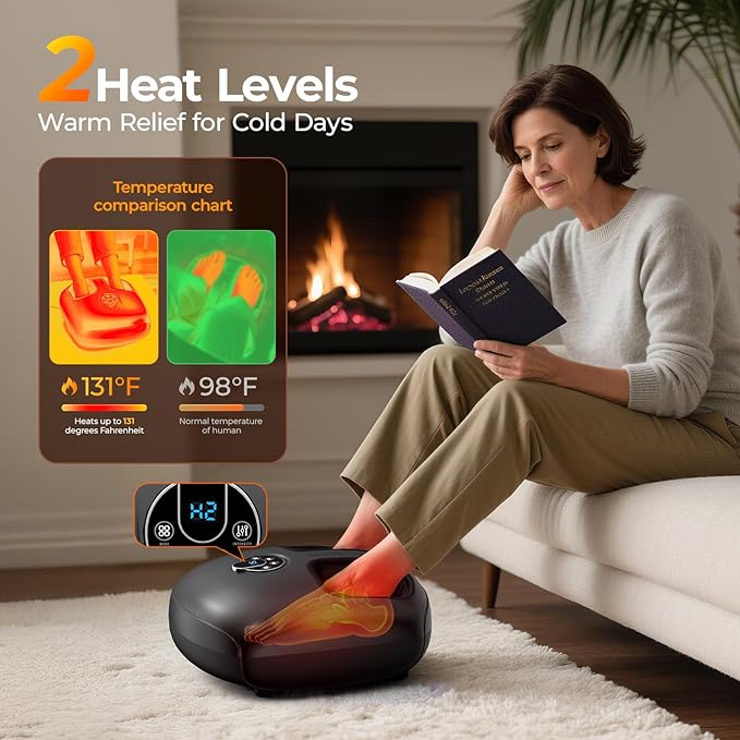 Foot Massager Machine with Heat - Shiatsu, Kneading, Rolling Compression, 4 Modes & 5 Intensity Levels, Versatile Control Methods for Home Office Relaxation, Gift for Men Women