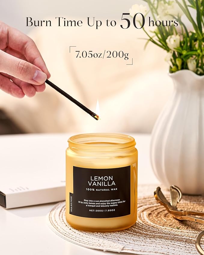 M&SENSE Lemon Vanilla Scented Slow Burning Candles for Home Scented, All Natural Soy Candles 7.05oz 50 Hours Slow Burning in Glass Jar, Stress Relief Gifts for Women and Men - Bloomnest