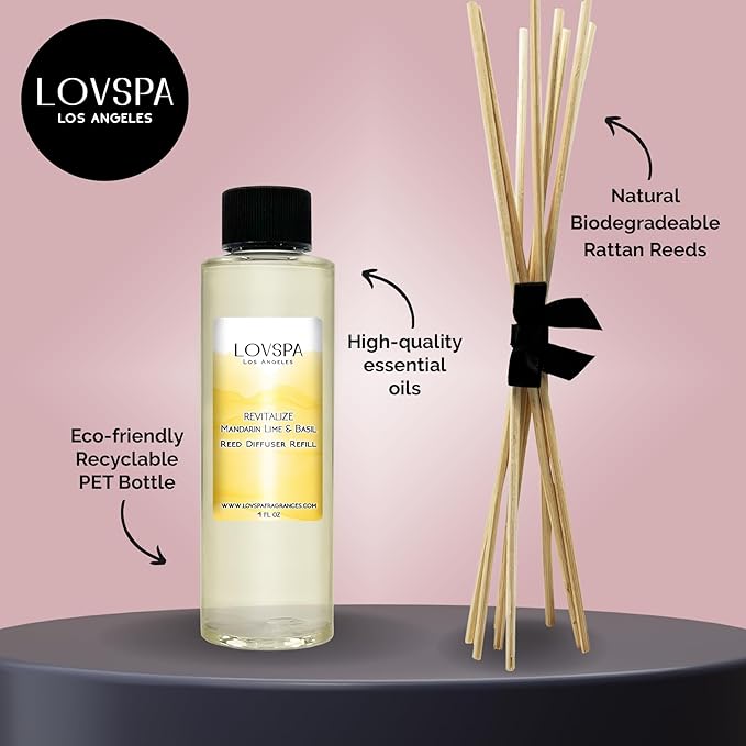 LOVSPA REVITALIZE Mandarin Lime & Basil Diffuser Oil - Essential Oils for Diffuser Refill & Air Freshener Room Spray - Long-Lasting & Natural Home Fragrance, Scented Oil for Diffusers, USA Made, 4oz - Bloomnest