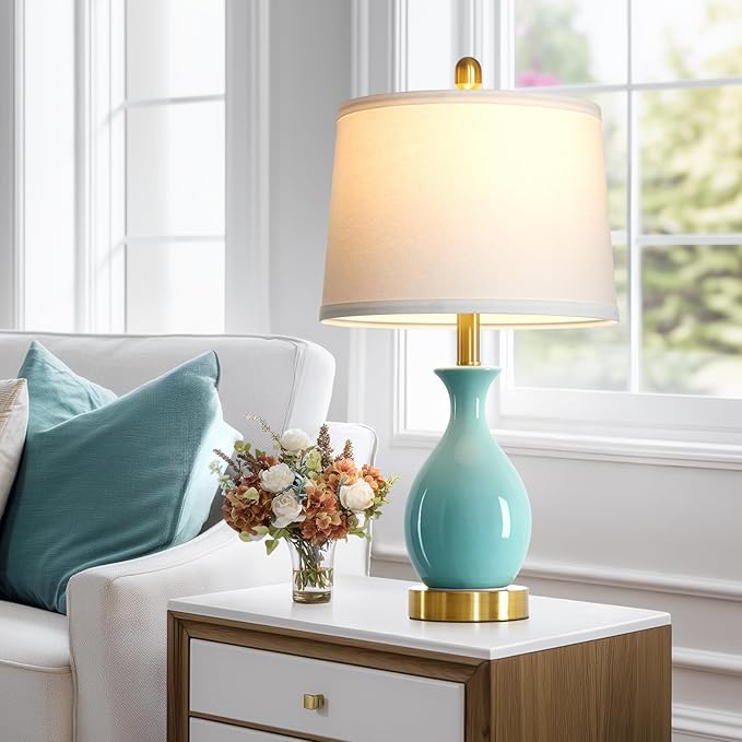 24" Bedroom Table Lamps Set of 2, Modern Classic Ceramic Lamps for Living Room, Small Bedside Table Lamp for Nightstand or End Table, Aqua Blue (2 LED Bulbs Included) - Bloomnest