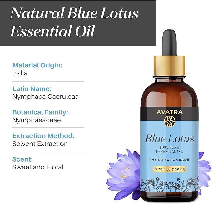 Avatra Blue Lotus Essential Oil for Diffuser, Skin & Candles | Natural & Undiluted Essential Oil | Aromatherapy, Soaps, Candles | Therapeutic Grade Essential Oil- 3.38 Fl Oz - Bloomnest