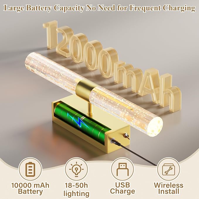 camuucci Battery Operated Gold Wall Sconces Set of 2 Rechargeable Battery Powered Wall Light with 12000mAh Not Hardwired Dimmable Wall Lamp Fixtures for Bedroom Living Room 15.3 Inches - Bloomnest