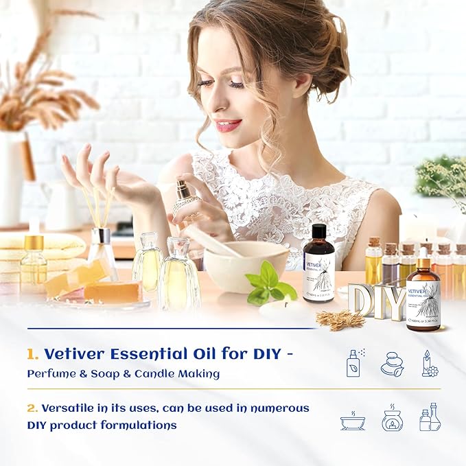 HIQILI 100ML Vetiver Essential Oil, 100% Pure Natural for Diffuser Calm and Relation- 3.38 Fl Oz - Bloomnest