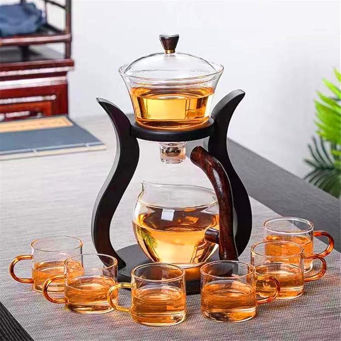 RORA Lazy Kungfu Glass Tea Set Semi Automatic Drip Rotating with Infuser Glass Teapot Set (6 cups) - Bloomnest
