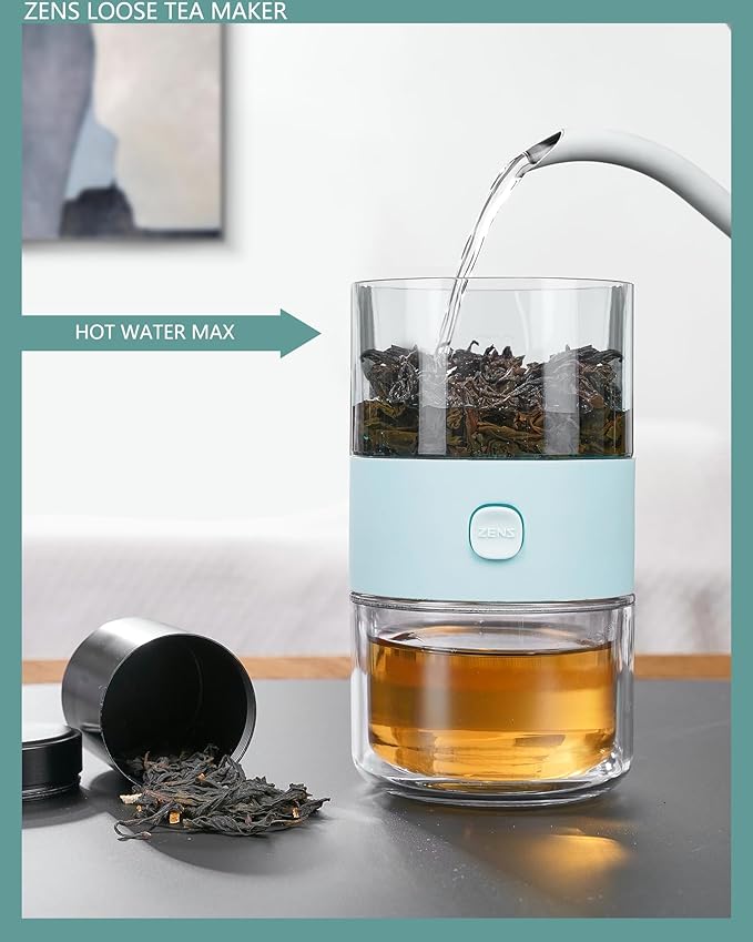 ZENS Modern Small Tea Infuser Teapot, Tritan One Touch Maker for Loose Leaf Diffusers With Insulated Cup and Travel Kits, Cool Gongfu Pot for Lover Gifts
