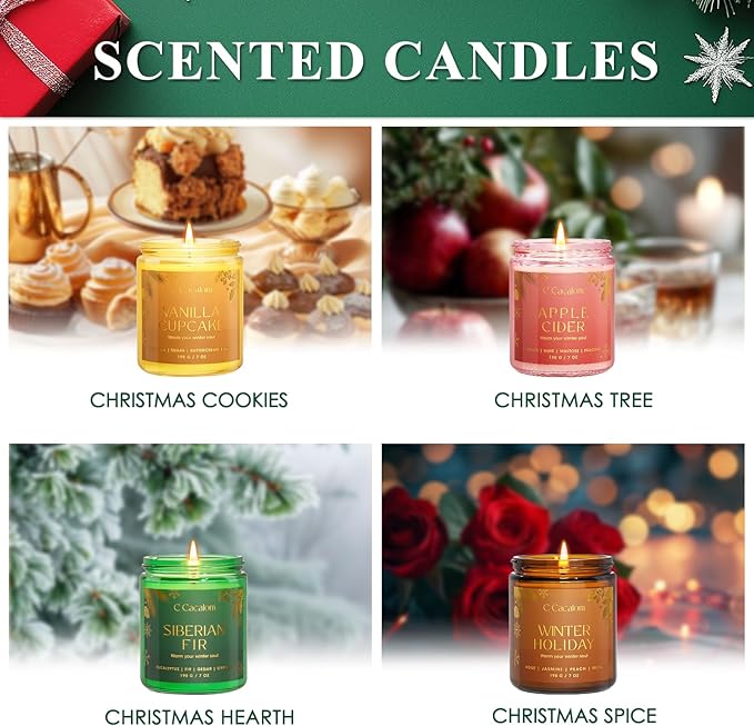 4Pack/28oz Christmas Soy Candle Gift Set, Non-Toxic Holiday Candles, Aromatherapy Scented Candles for Holiday Gifts, Vinilla/Lavender/Baslam/Cookies Jar Candle, Winter Candle Set for Women Men - Bloomnest