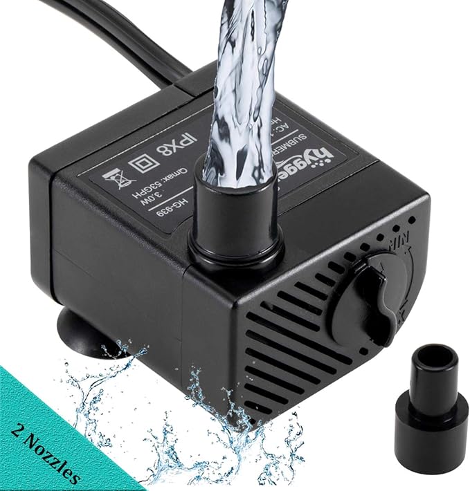 hygger Ultra Quiet 53GPH (200L/H, 3W) Submersible Mini Water Pump Comes with 2 Nozzles, for Aquariums, Fish Tank, Fountain, Hydroponics, Max Lift Height 1.7ft ,120V/60HZ, Power Cord 6ft - Bloomnest