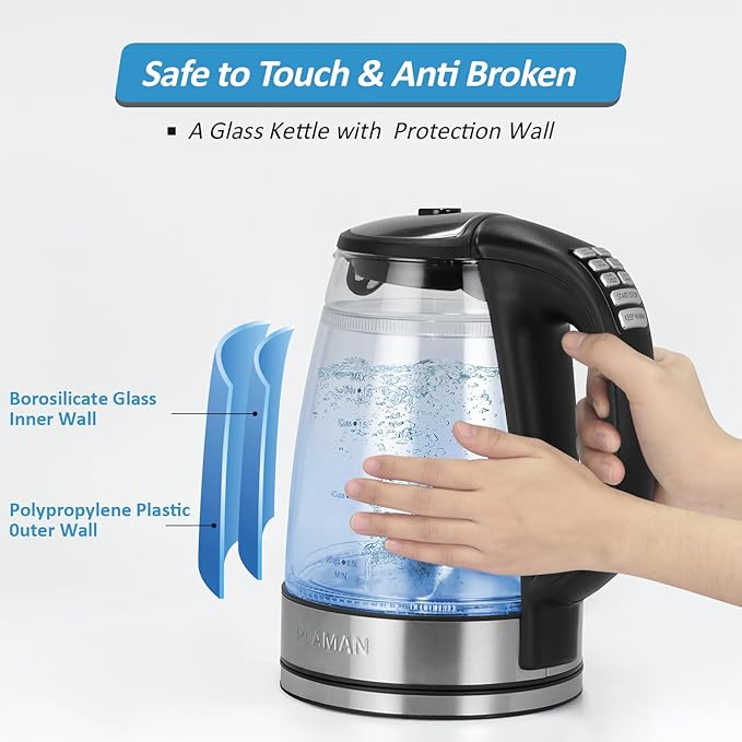 1500W Electric Kettle with Temperature Control - 6-Temp Presets for Tea/Coffee, Double Wall Cool-Touch, 4H Keep Warm, 1.7L Borosilicate Glass & BPA-Free, Fast Boil for Home/Office - Bloomnest