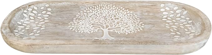 VANIYA CRAFTS® Wooden Handmade Tree of Life Design Boat Shape Incense Holder Stand Insence Tray for Sticks Home Decor Restaurant (11X4,Antique White) - Bloomnest