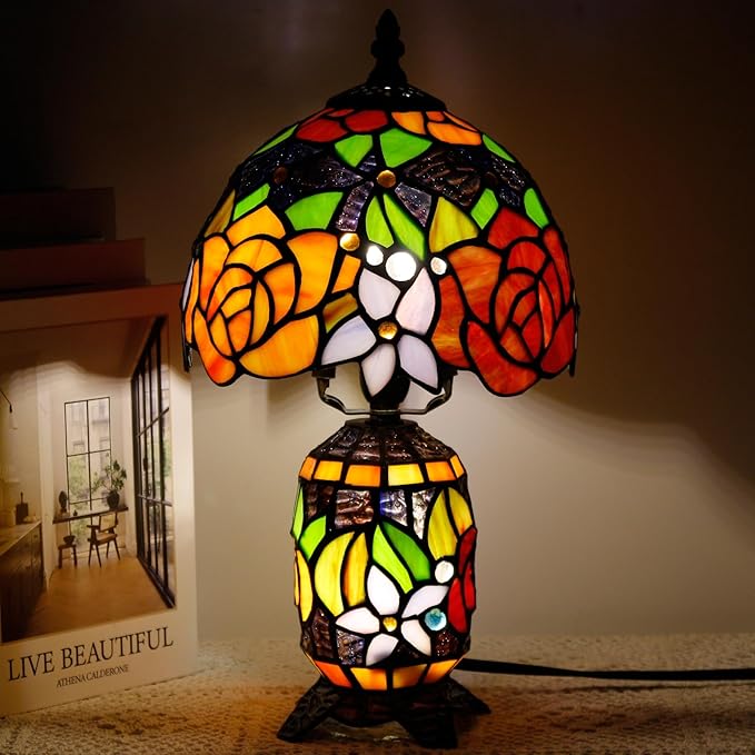 Small Tiffany Lamp Stained Glass Table Lamp Mini Mother Daughter Vase Desk Accent Night Light for Bedroom Bedside Reading Home Antique Style 8X14 Inches (Red Yellow) - Bloomnest