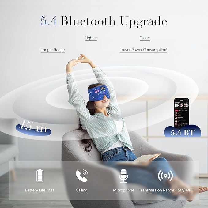 LC-dolida Sleep Mask with Bluetooth Headphones, Extra Large Silk Eye Mask for Sleeping Side Day Sleepers, Sleep Headphones Bluetooth 5.4 for Women Men with Thin Speaker, Blackout, Comfort, Microphone