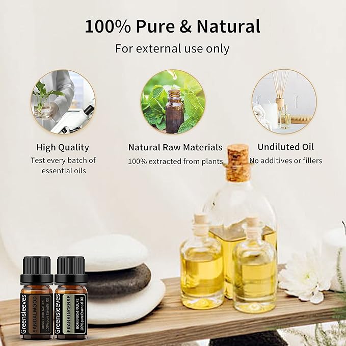 GREENSLEEVES Sandalwood Frankincense Essential Oil Set, 2 x 10ml Pure Plant-Based Fragrance Oil for Aromatherapy, Essential Oils for Diffuser, Massage, Bath Bomb, Scented Candle Soap Making GREENSLEEVES
