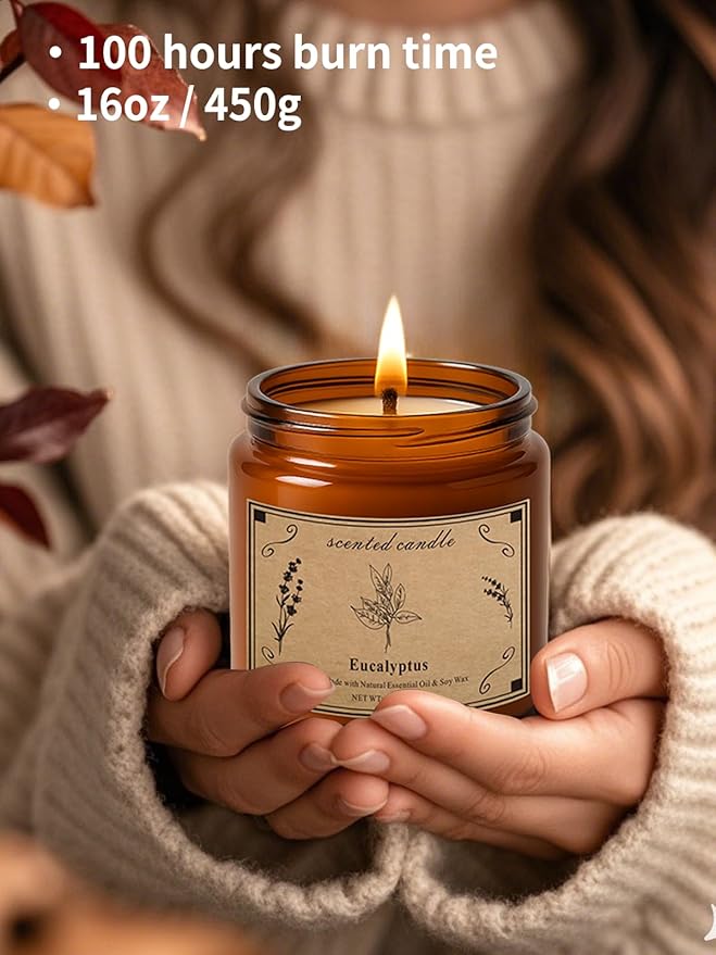 Home Scented Candles, 16oz Large Jar Scented Candle – Eucalyptus Soy Wax Candle with 100 Hour Burn Time, Long Lasting Aromatherapy Candle for Stress Relief, Fresh Home Fragrance & Spa Gifts - Bloomnest
