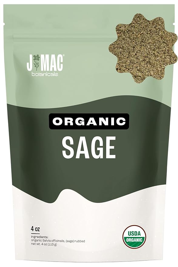 J Mac Botanicals, Organic Rubbed Sage (4 oz), Certified USDA Organic, Dried Rubbed Sage Leaf. Culinary Grade-excellent for sausage making, fresh Albanian harvest - Bloomnest