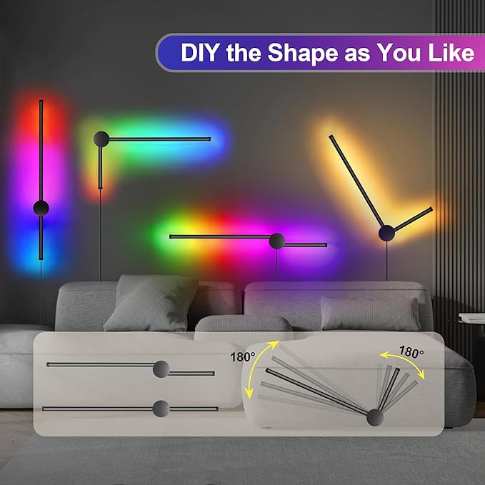 RGB LED Wall Sconces Set of Two with Remote, 15 Color Modes, Dimming, DIY 180° Rotate, Black Plug in Wall Sconces with Warm Light, Dynamic Multicolor Ambience Lights, Plug in Wall Light, 23.6 Inches - Bloomnest