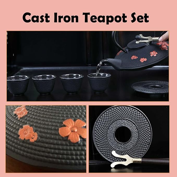 Cast Iron Teapot Set with Gift Pakckage, Pear Flower Tea Pot, Japanese Style Tetsubin Tea Gift Set, 4 Cups, Trivet and Lid Holder