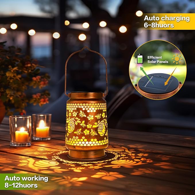 Solar Lanterns Outdoor Garden Decor, Gifts for Women, Mom, Grandma, Birthday, Thanksgiving, Decorative Waterproof Hanging Metal LED Light for Yard, Patio, Lawn, Landscape, Backyard (Bee) - Bloomnest