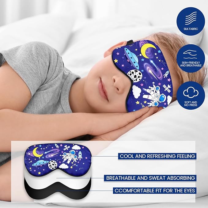 2 Pcs Sleep Mask for Kids Boys, Silk Eye Covers for Sleeping, Adjustable Strap & Light Blocking Design, Children's Bedtime Blindfold for Travel and Home Use (Astronaut) - Bloomnest