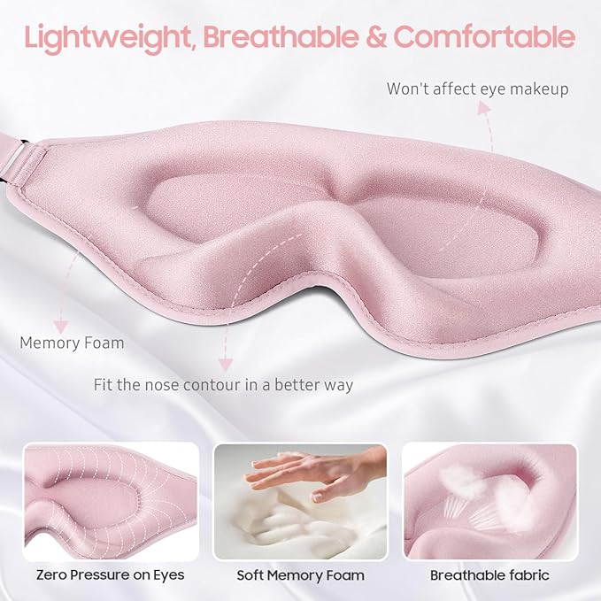 Sleep Mask, Premium Eye Mask for Sleeping, Total Blackout, Super Soft Comfort, Adjustable Fit, Upgraded 3D Ergonomic Designed Sleeping Mask for Home, Office, Travel, Meditation, Yoga, Pink - Bloomnest
