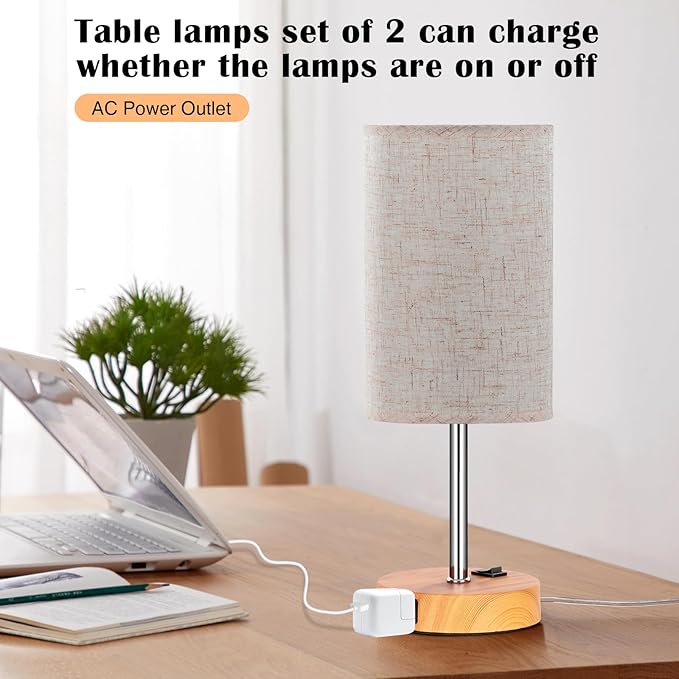ZJOJO Table Lamp for Bedroom Set of 2, Bedside Small Lamps with 3 Way Dimmable Rocker Switch & AC Outlet, Nightstand Desk Lamp with Flaxen Fabric Shade Woodgrain Base for Living Room Home Decor Lights - Bloomnest