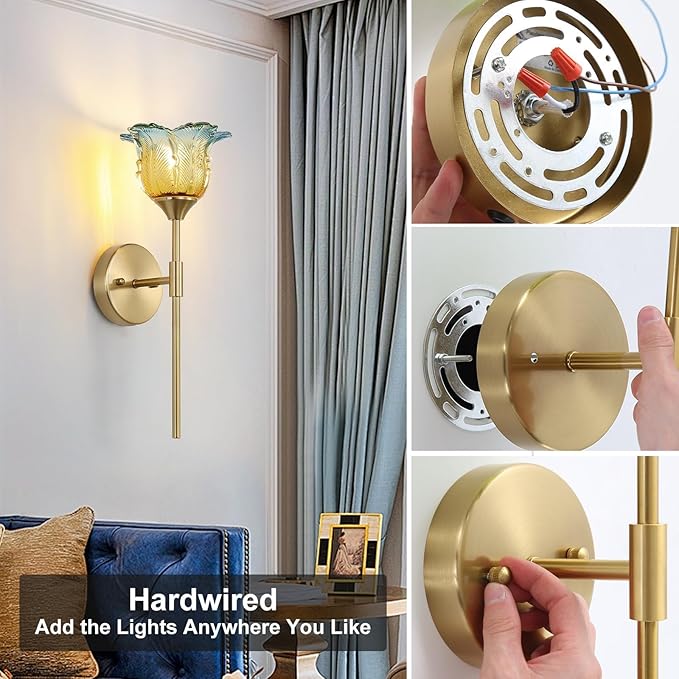 2 Pack Gold Wall Sconce with Modern Flower Glass Shades, Modern Mid Century Bathroom Vanity Wall Light Fixtures, Industrial Brushed Brass Wall Lamp, for Bedroom Mirror Living Room, ETL Listed - Bloomnest
