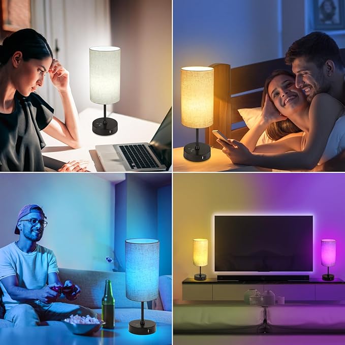 Unicozin Table Lamp Set of 2, 3 CCT 3000K/4500K/6500K & RGB Color Changing, Stepless Dimmable Small Bedside Lamp for Reading, Ambience Nightstand Light for Home Decor Party, Beige Shade - Bloomnest
