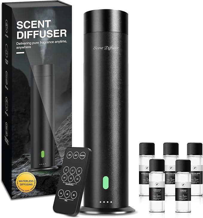 Waterless Scent Diffuser Starter Kit - 800 Sq Ft Coverage, Hotel Scent Diffuser, Essential Oil Diffuser Large Room, Included 5 Scent Oils, Remote Control, Black, 11.20In - Bloomnest