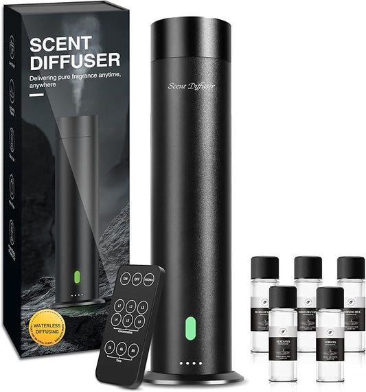 Waterless Scent Diffuser Starter Kit - 800 Sq Ft Coverage, Hotel Scent Diffuser, Essential Oil Diffuser Large Room, Included 5 Scent Oils, Remote Control, Black, 11.20In - Bloomnest
