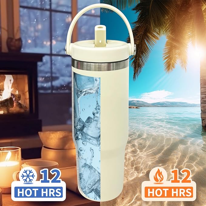 30 oz Tumbler with Top Handle, Double Wall Vacuum Insulated Tumbler with Flip Straw, Travel Coffee Mug 30oz Powder Coated Cup for Laser Engraving (Cream,1 pack) - Bloomnest
