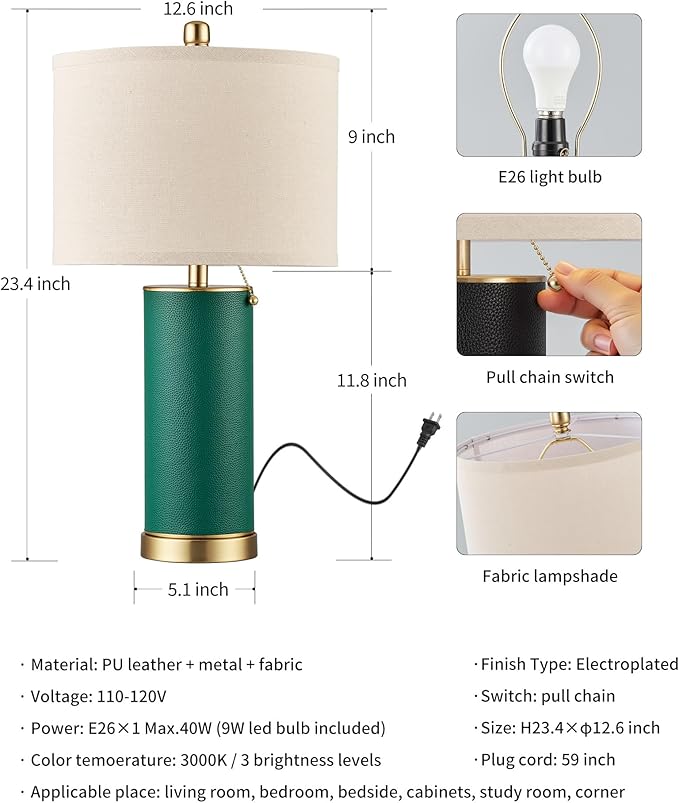 KDG 23.4" Green PU Leather Table Lamps for Living Room Set of 2, 3 Level Brightness LED Modern Home Decor Fabric Lampshade Desk Lamp Lighitng for Bedroom, Bedside, Farmhouse, Nightstand, Night Light - Bloomnest