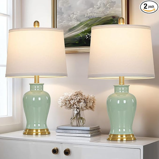 Green Ceramic Lamps Set of 2, 23" Modern Table Lamps for Living Room, Classic Bedside Lamp with Ginger Jar Design, Elegant Bedroom Lamp for Night Stand Desk Side End Table Home Decor - Bloomnest