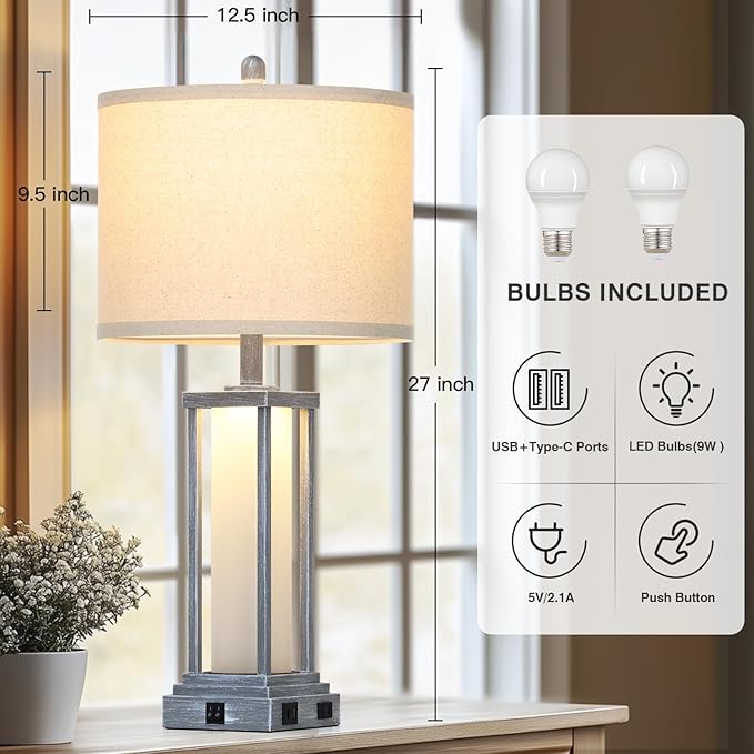 27" Tall Vintage Table Lamp Set of 2 with USB C+A & Outlet,Gray Nightstand Lamp for Living Room,Retro Bedside Lamps with Frosted Glass Night Light for Bedroom Entryway,Grey - Bloomnest
