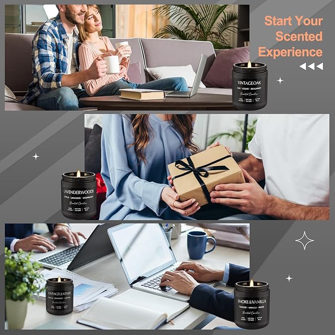 Scented Candles Gift Set - 4 Pack (7oz Each) Soy Wax Aromatherapy Candles with Essential Oils, Smokeless - Leather & Smoke, Vanilla Oakmoss, Lavender - Relaxing Fragrance for Home, Office, Yoga - Bloomnest
