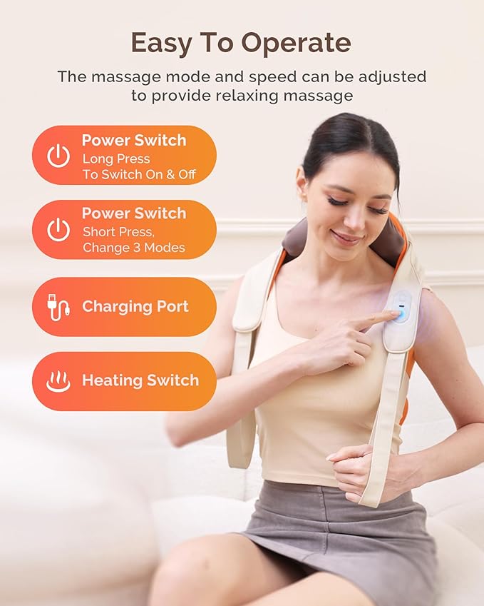 AIRSEE Shiatsu Neck Shoulder Massager with Heat, 200+ Min Battery, Cordless Neck Massager for Pain Relief Deep Tissue, Upgraded 4D Kneading Massage Pillow, 3 Modes 2 Heating Levels, for Women Men - Bloomnest