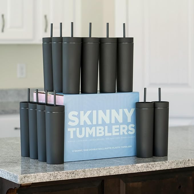 STRATA CUPS Black Skinny Tumblers with Lids and Straws (12 pack) - 16oz Double Wall Acrylic Tumbler, Tall Matte Skinny Tumblers, Bulk with Free Straw Cleaner, Reusable Cups - Bloomnest