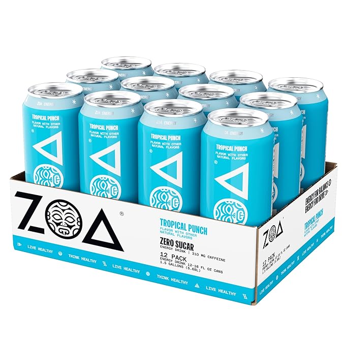 ZOA Zero Sugar Energy Drinks, Tropical Punch - Sugar Free with Electrolytes, Healthy Vitamin C, Amino Acids, Essential B-Vitamins, and Caffeine from Green Tea - 16 Fl Oz (12-Pack) - Bloomnest