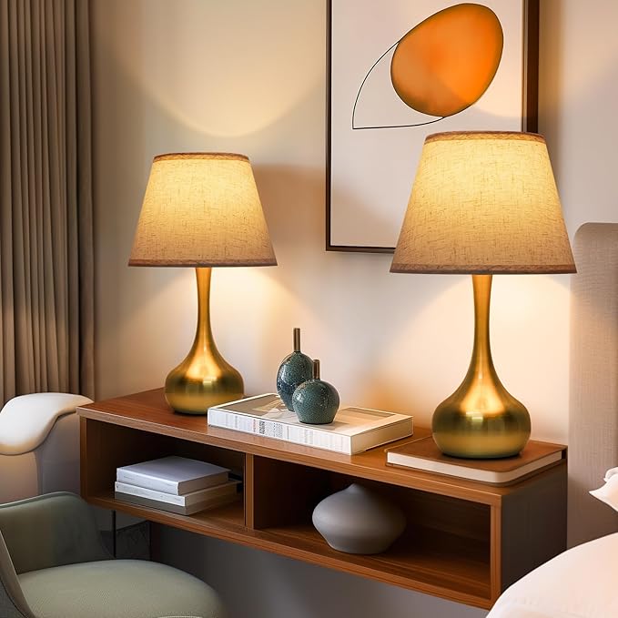 ONEWISH Touch Table Lamp for Bedroom, 3-Way Dimmable Gold Bedside Lamps for Nightstand with Fabric Shade, Desk Lamp for Kids Reading, Home Office - Bloomnest