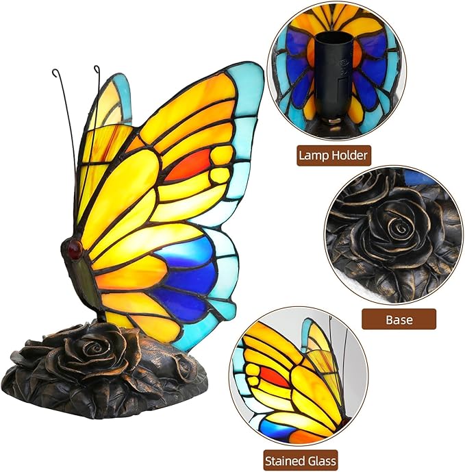 Blue and Orange Butterfly Table Lamp Small Tiffany Style Lamp Stained Glass Lamps Living Room Dorm Bedroom Vintage Art Unique Bedside Night Light Home Lighting Decor Kids Gifts Desk Lamps Rose Base - Bloomnest