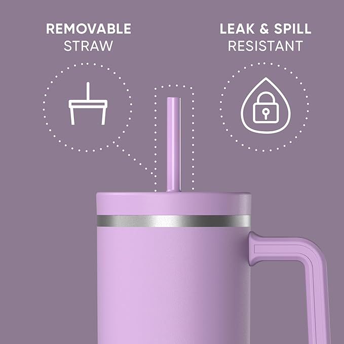 Hydrapeak Voyager 40 Oz Stainless Steel Tumbler with Handle, Insulated Water Bottle With Straw & Lid, Cupholder Friendly Reusable Travel Mug (Mauve) - Bloomnest