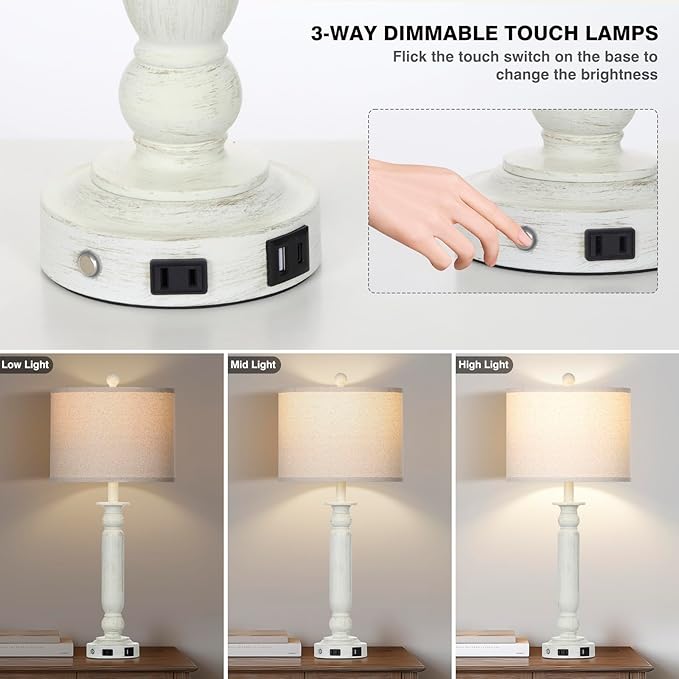 28.5" Tall Farmhouse Table Lamps Set of 2 for Living Room, 3-Way Dimmable Touch Lamps with USB C+A Ports & AC Outlet, Bedside Nightstand Lamps with Linen Shade for Bedroom - Bloomnest
