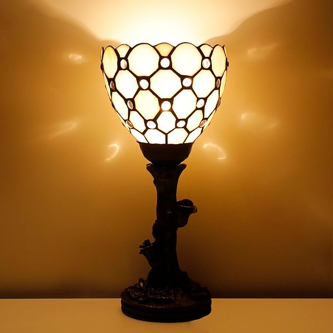Small Tiffany Lamp Mini Stained Glass Table Lamp Cream Bead Accent Desk Uplight W6 H13.5 Inch Bronze Resin Base - Bloomnest
