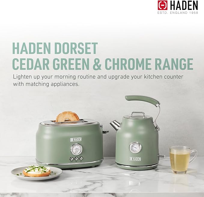 Haden Dorset 1.7 Liter Stainless Steel Electric Kettle, Hot Water Kettle with 360-Degree Base and Auto Shutoff, Cedar Green & Chrome - Bloomnest