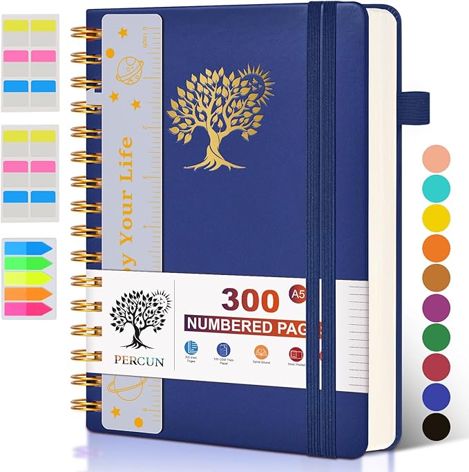 Spiral Notebook Journal for Women Men, 300 Numbered Lined Pages, College Ruled, A5 Hardcover Spiral Bound Notebook for School, Work, Note Taking Writing, Leather Spiral Journal Medium 5.9"x8.5" - Bloomnest