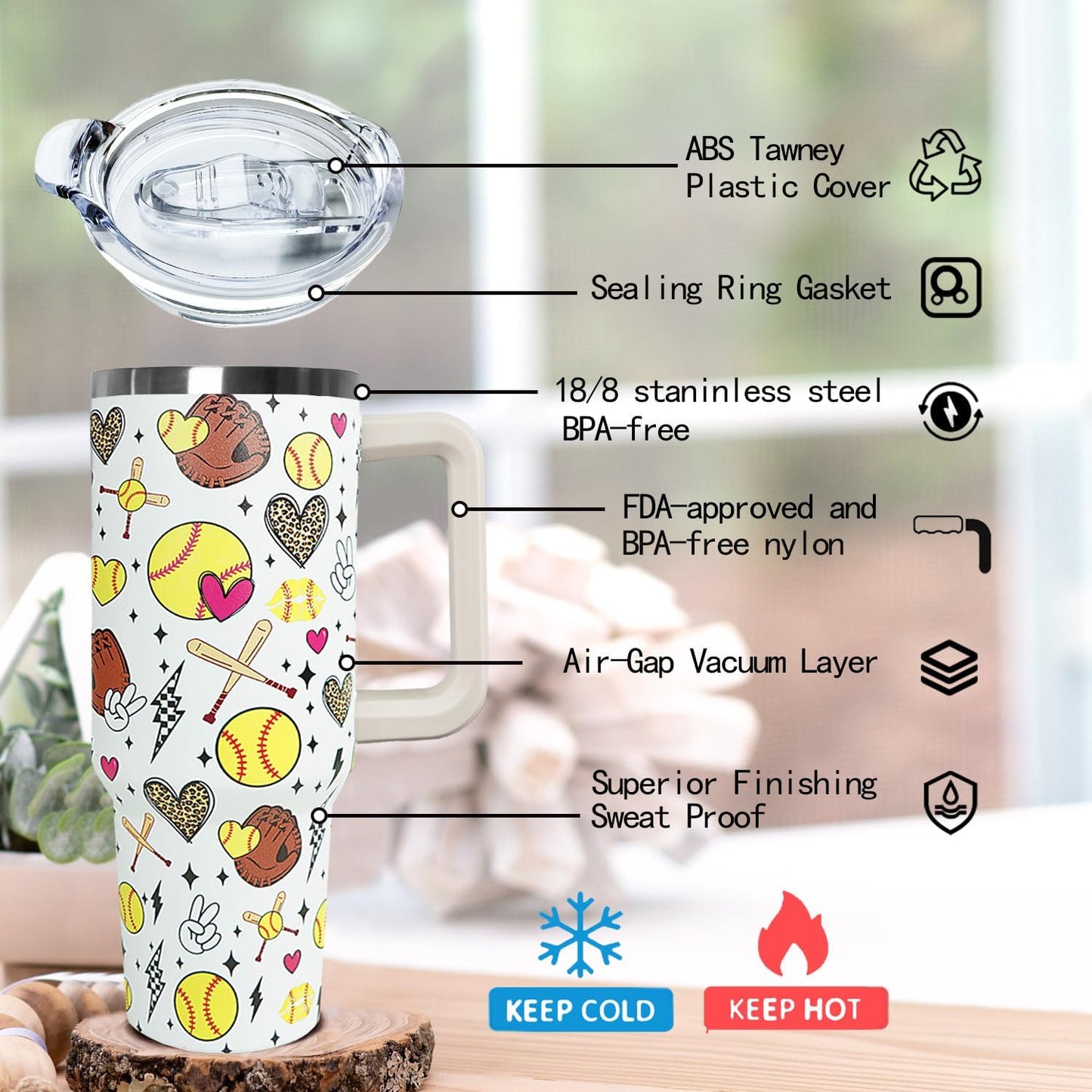 Ceovfoi 40 Oz Softball Tumbler With Handle,Softball Coffee Travel Mug Cup Water Bottle,Softball Decor,Softball Gifts for Women