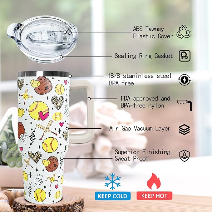 Ceovfoi 40 Oz Softball Tumbler With Handle,Softball Coffee Travel Mug Cup Water Bottle,Softball Decor,Softball Gifts for Women - Bloomnest
