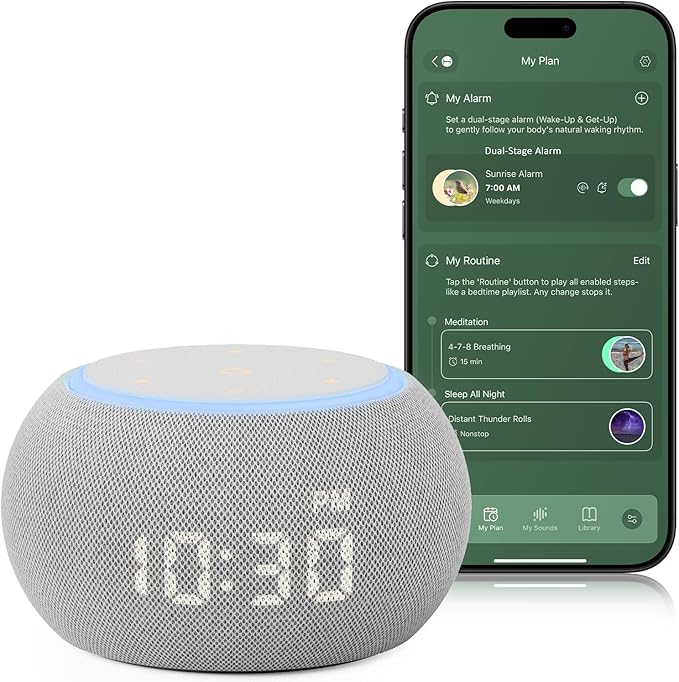 Hotmoon Alarm Clock with White Noise Machine, 507 Sounds for Relax & Sleep, Sleep Sound Machine with Night Light & Timer, Smart App Control, Plug in, Cool Gray - Bloomnest