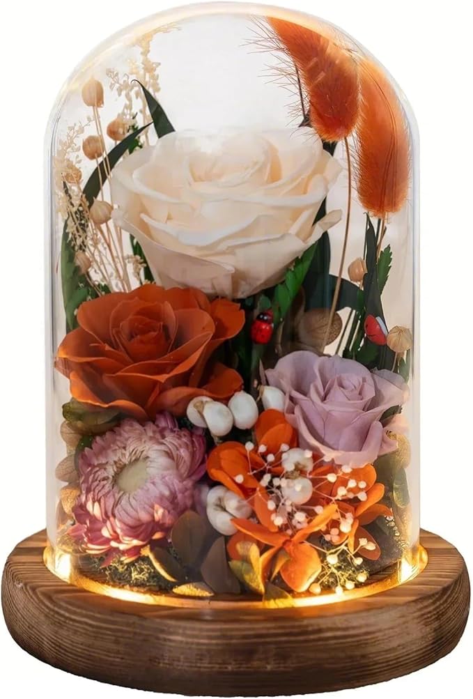 Forever Flowers with Symbolic Ladybugs: Preserved Flowers Gift for Women-Romantic Table Centerpiece-Valentines, Anniversary, Mom Gifts for Her-Flowers for Delivery Prime (Orange) - Bloomnest