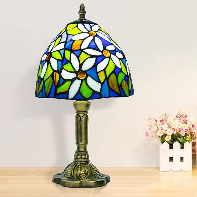 Small Stained Glass Lamp,8 Inch White Flower Tiffany Style Table Lamp for Bedside, Living Room - Bloomnest