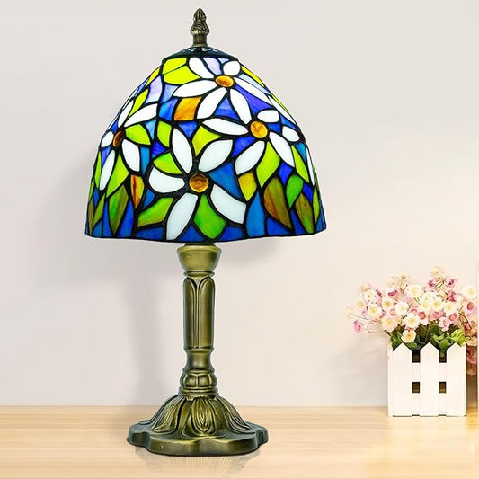 Small Stained Glass Lamp,8 Inch White Flower Tiffany Style Table Lamp for Bedside, Living Room - Bloomnest