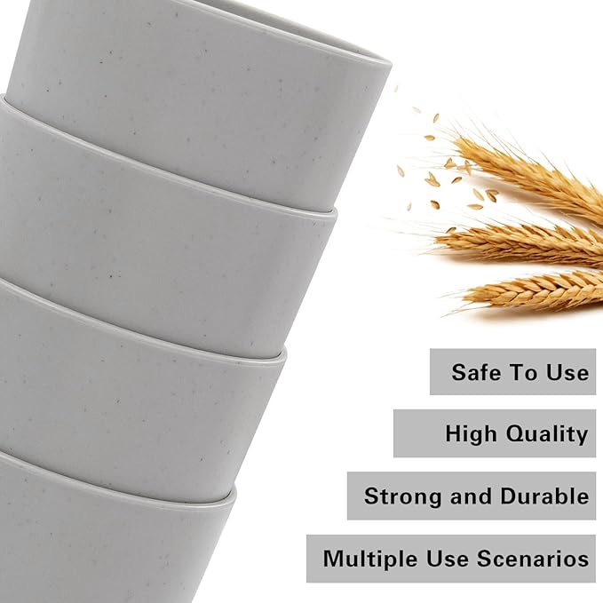 EI Wheat Straw Cups 8pcs Grey Plastic Reusable Cups for Kitchen Unbreakable Plastic Drinking Glasses for Water, Coffee, Juice, Tea - Bloomnest